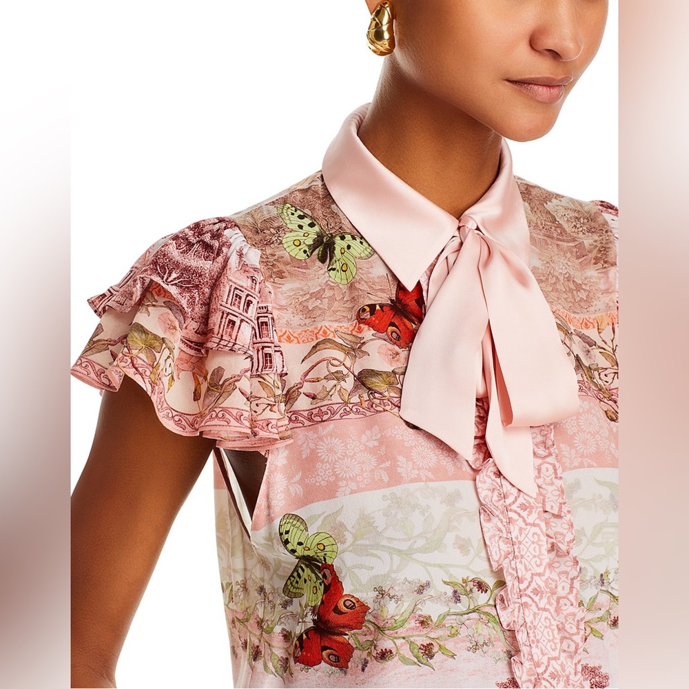 alice + olivia | Pink Versailles Minda Ruffle Tiered Short Sleeve Tie Top, M - Picture 2 of 16